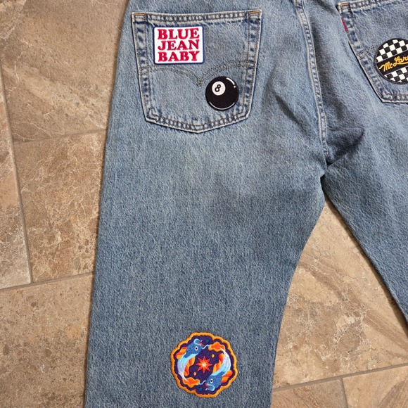 Levi's 555 Jeans W36‎ L30 Custom Patches Light Wash Denim Menswear - Picture 8 of 11